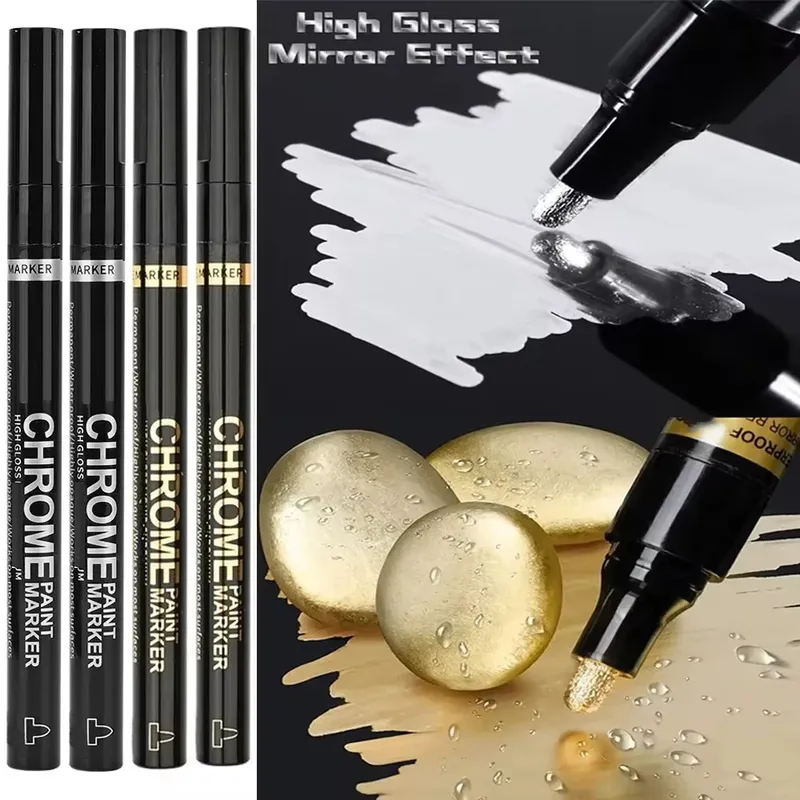 5/1 stücke Chrom Stift Marker Spiegel Wasserdichte Farbe Reparatur Für Rock Keramik Glas Metallic Gold/Silber 2mm Spitze