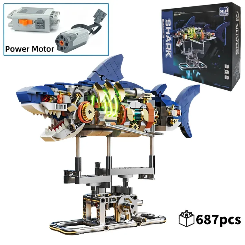 Kreative STEM Pädagogische Mechanische Hai Ozean Tier Elektrische Spielzeug Bausteine Modell Set MOC Stil Montage Ziegel für Kind