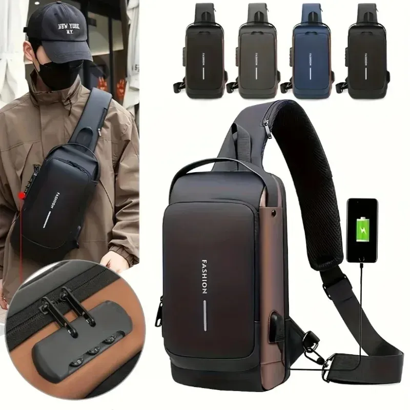 Anti-Diebstahl-Schultertasche für Herren, USB-Ladeanschluss, Umhängetasche, Brust-Umhängetasche, Reise-Tagesrucksack, wasserdichte Umhängetasche für Herren