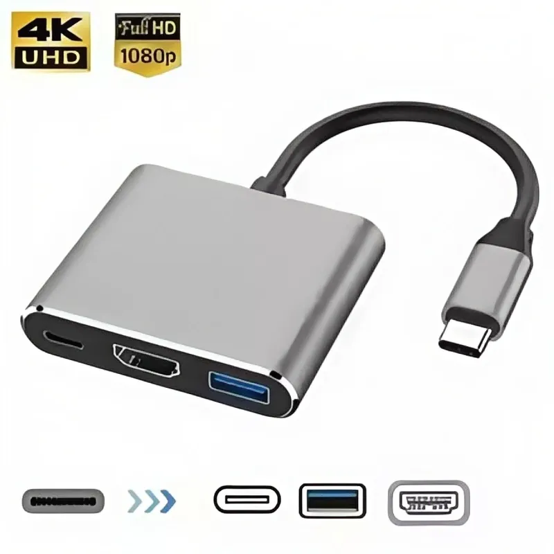USB-C-Hub-Adapter 4K HDMI, 3-in-1-USB-C-Stecker auf Buchse-Konverter mit USB 3.0 und Aufladung für MacBook Air 12