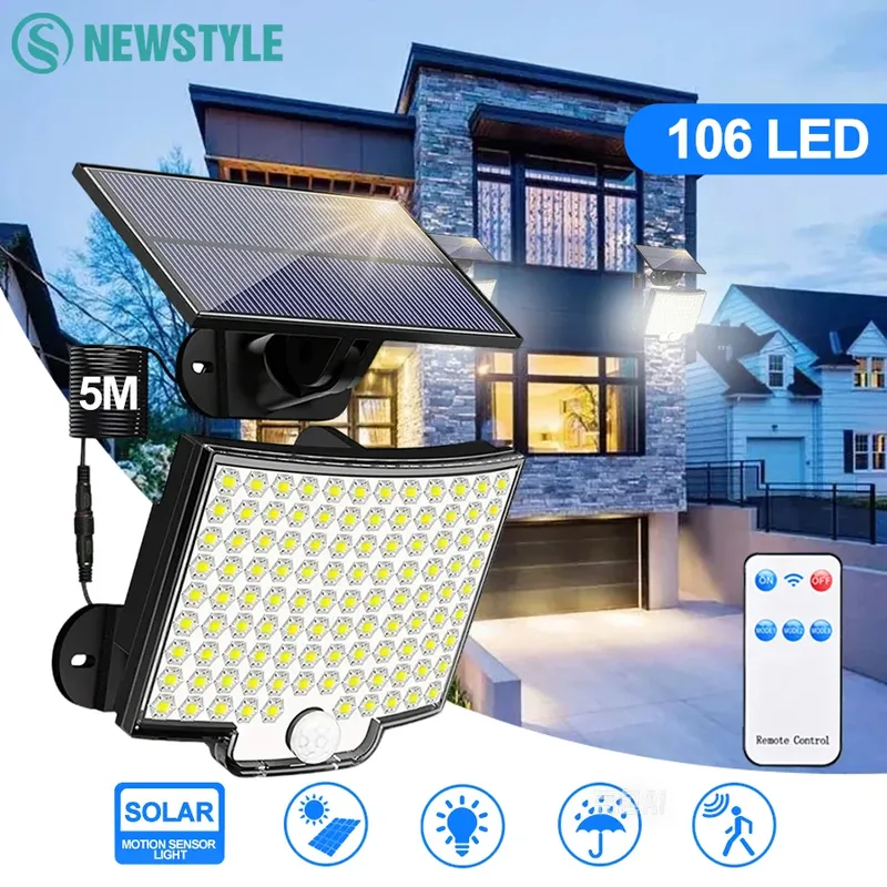 Solar-Flutlichter für den Außenbereich, 106/318 LED-Solar-Bewegungslichter, ferngesteuerte Solar-Sicherheitslichter, Wandleuchten, wasserdicht, 3 Modi, Garten