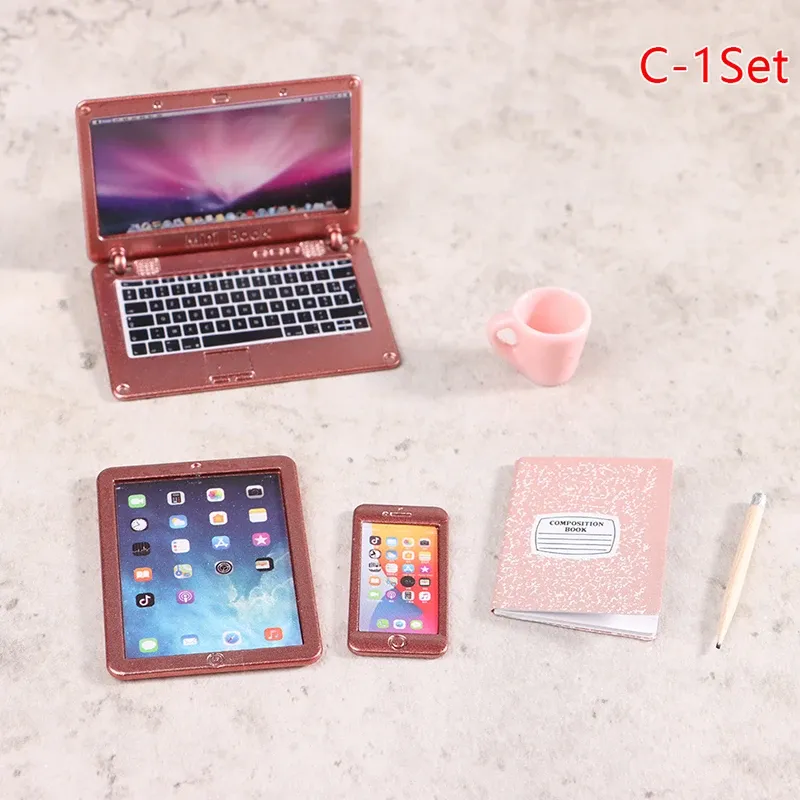 6/7 teile/satz antike Puppenhaus Miniatur Laptop Telefon Tablet Schreibtisch lampe Bleistift Buch Tasse Modell Puppenhaus lernen Dewk Szene Dekor