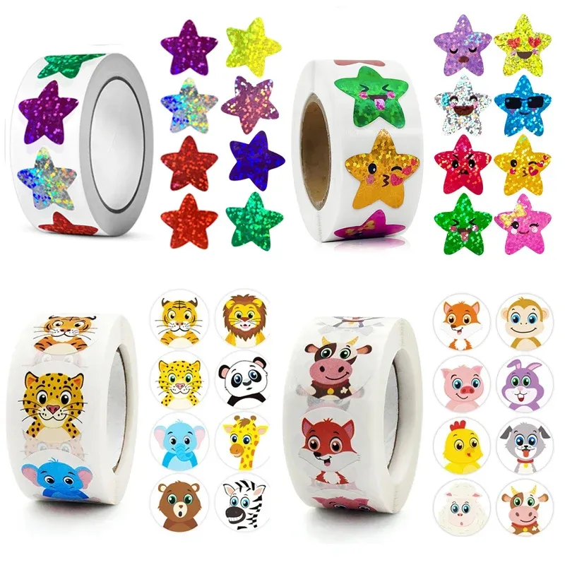 500/1000 stücke Bunte Stern Klebstoff Holographische Stern Aufkleber Zoo Bauernhof Sammelalbum Aufkleber Rolle Etiketten Für Kinder DIY Geschenk Spielzeug