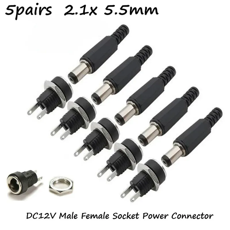 5 paar DC 12 V Männlich Weiblich Buchse Panel Mount Fässer Jack Stecker Power Stecker Weibliche Jack Schraube Mutter Panel montieren Stecker