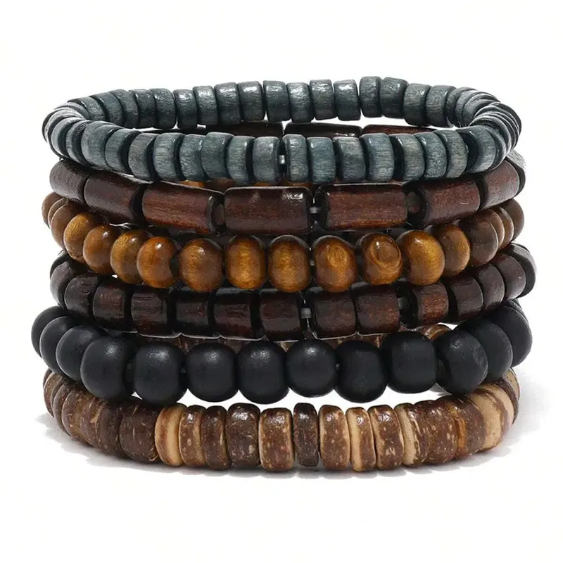 6/4PCS 3Style PU Wodeen Geflochtene Wrap Leder Armband für Männer Vintage Leben Holz Perlen Mode männlichen Armband