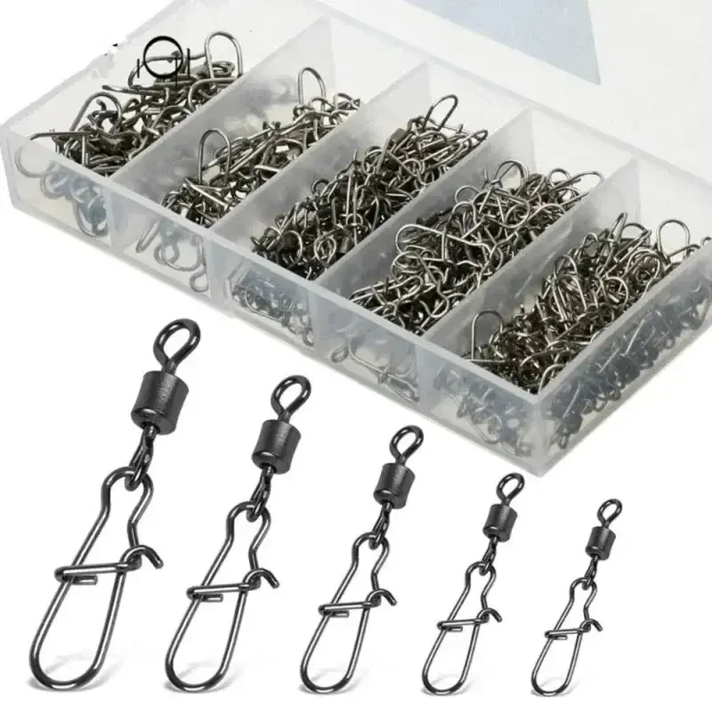50 teil/schachtel Edelstahl Angeln Stecker Pin Lager Roll Wirbel mit Snap Angelhaken Köder Zubehör