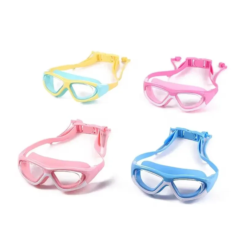 Hochauflösende wasserdichte und beschlagfreie Schwimmbrille für Kinder mit großem Rahmen, praktische Schutzbrille, mit Silikon verbundene Ohrstöpsel