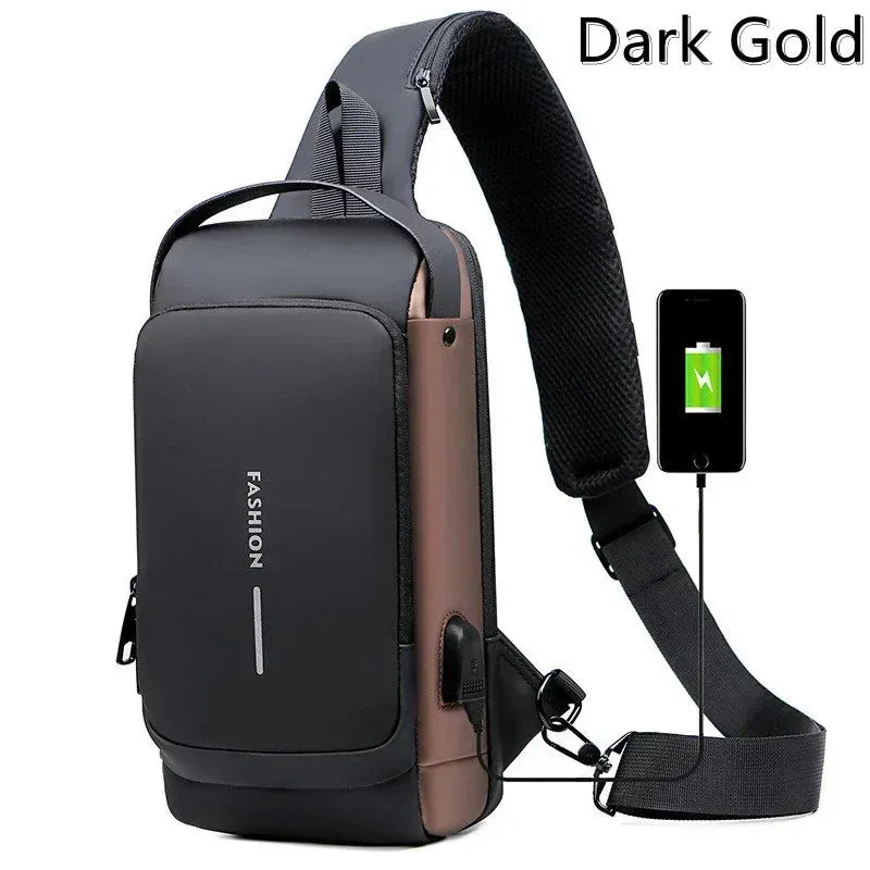 Neue Anti-Diebstahl-Brusttasche für Herren mit USB-Aufladung für Kurzstrecken-Schulgymnastik
