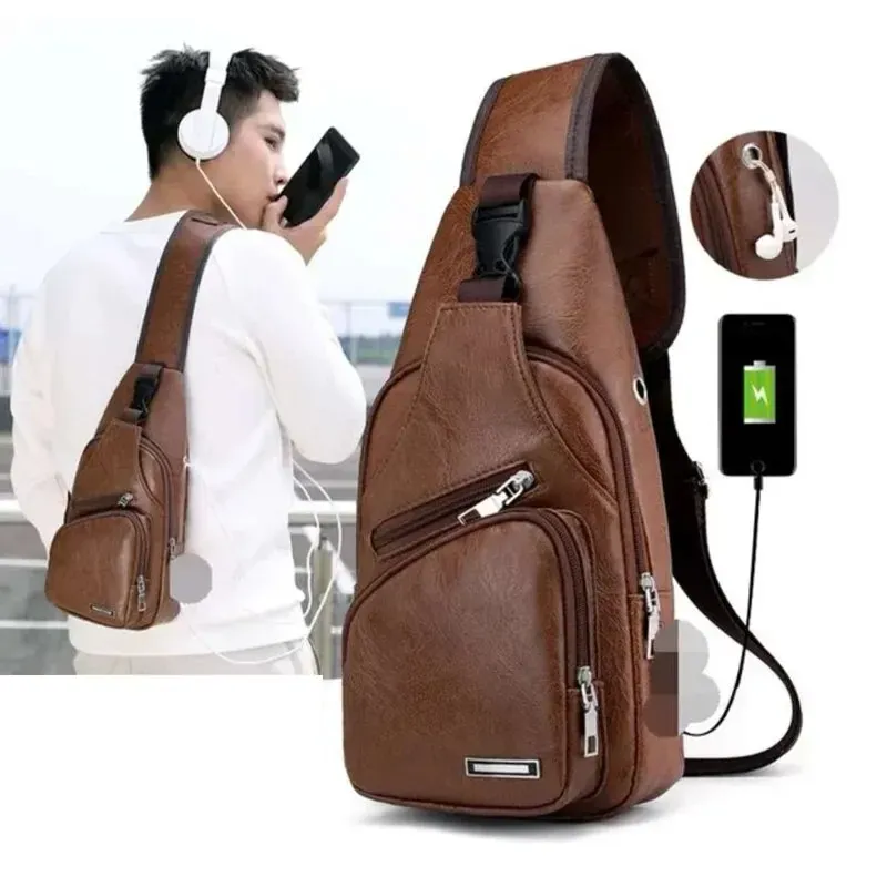 Einfache und modische, lässige, einfarbige PU-Multifunktions-USB-Lade-Reißverschluss-Brusttasche für Herren, Umhängetasche zum Pendeln