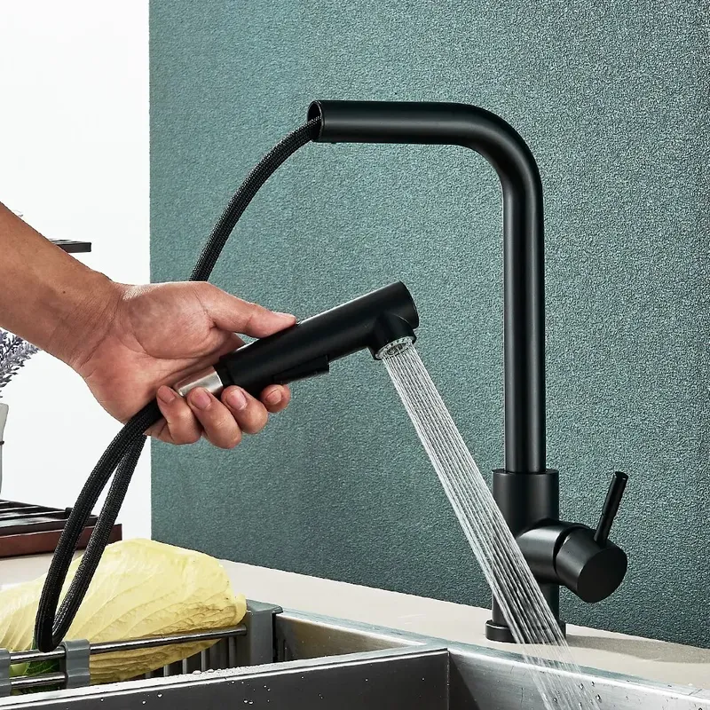 Schwarz herausziehen Küchen spüle Wasserhahn flexibel 2 Modi Stream & Sprüh düse Wasserhähne Edelstahl heiß kalt Wasser mischer Wasserhahn Deck