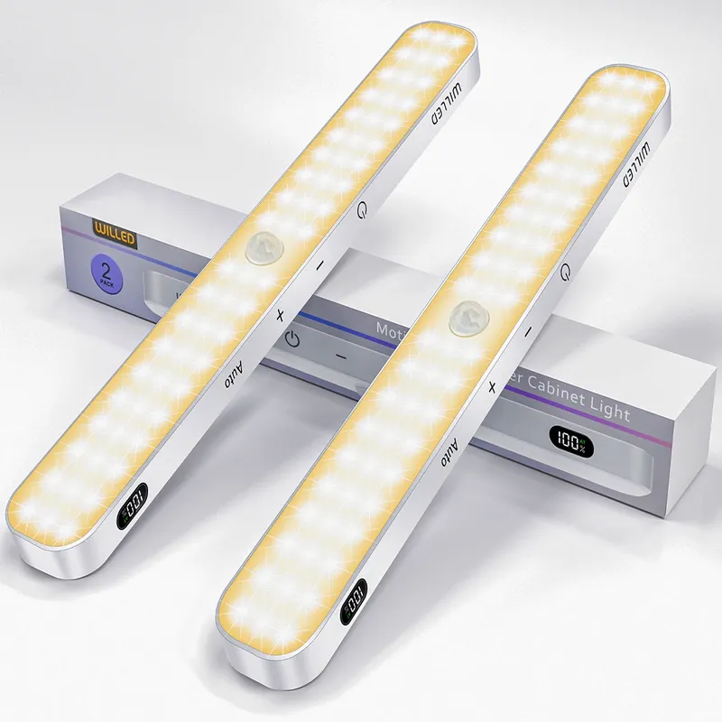 WILLED Warm Light Motion Sensor Schrankleuchte Batterieanzeige 60 LED Touch Light Bar Drahtloses wiederaufladbares Batterie-Nachtlicht