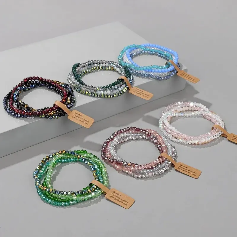 4-teiliges Set, facettierte Glasperlen, Stretch-Armband, AB, effizierte Glasperlen, mehrfarbig, elastische Perlen, handgefertigter Armband-Schmuck