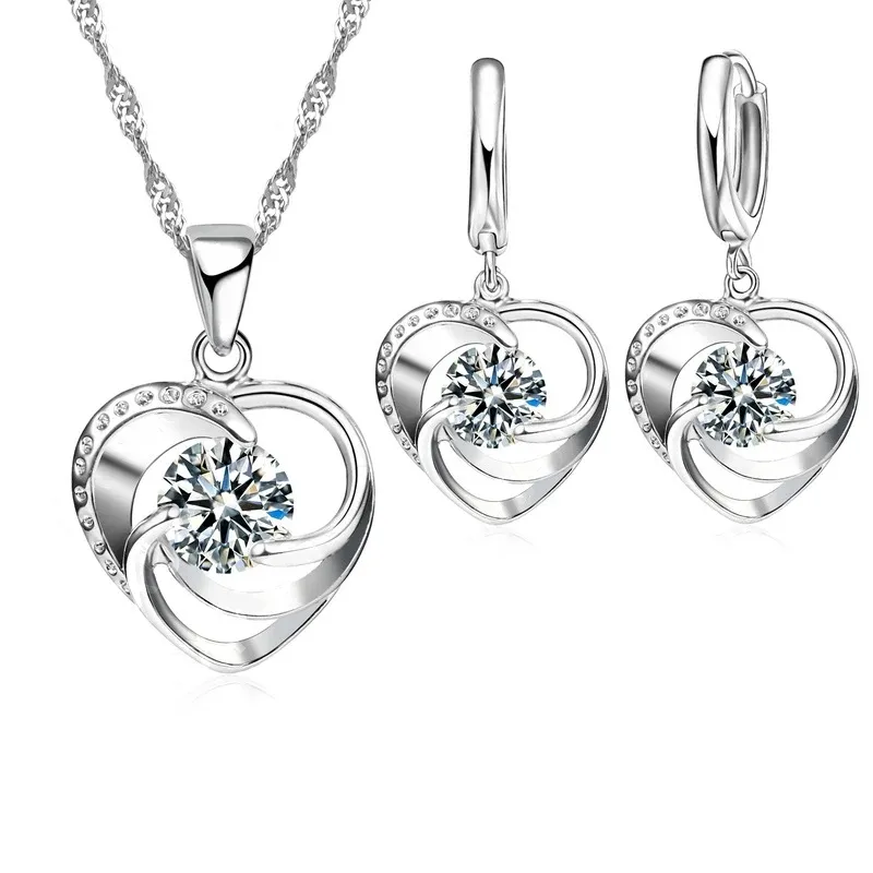 Gestempeltes Halsketten-Ohrring-Set aus 925er-Sterlingsilber, lange Kette, süßer romantischer Stil, Liebesherzform für Frauen, Dame, Frau