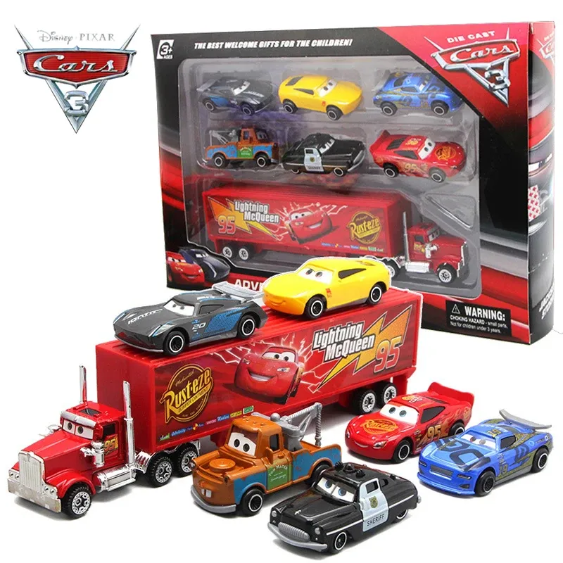 6–7 Stück Disney Pixar Car 3 2 1 Lightning Mcqueen Truck Mack Jackson Storm Druckguss-Metall-Rennwagen Dinoco Racer-Spielzeugset Jungen-Geschenk