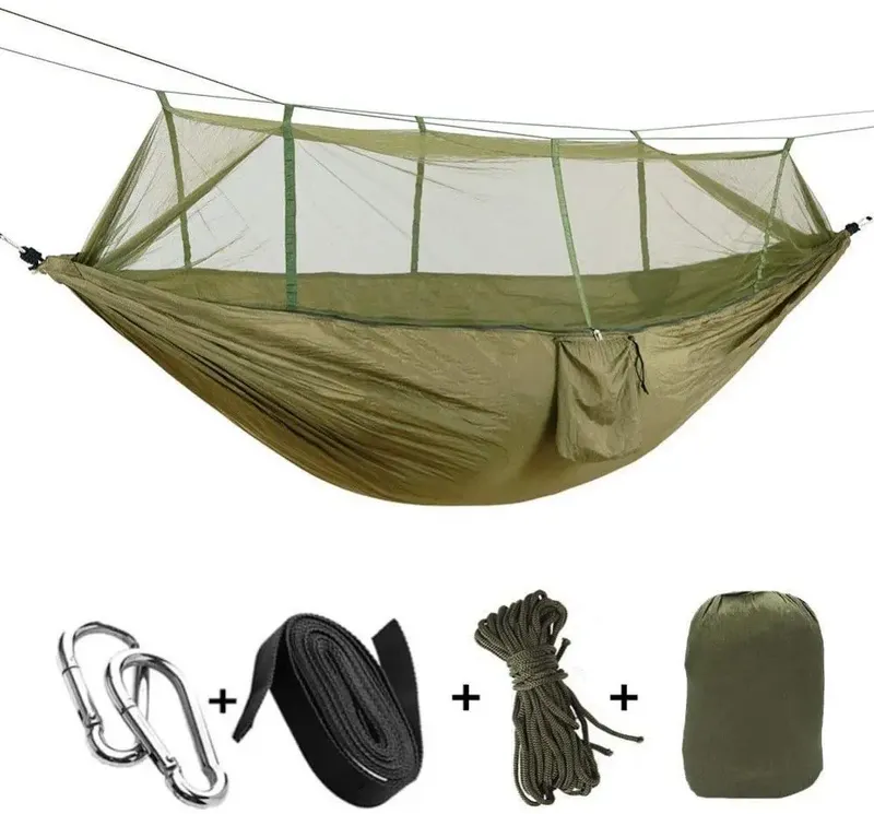 2-Personen-Camping-Garten-Hängematte mit Moskitonetz, Gartenmöbel, Bettstärke, Fallschirmstoff, Schlafschaukel, tragbar, zum Aufhängen
