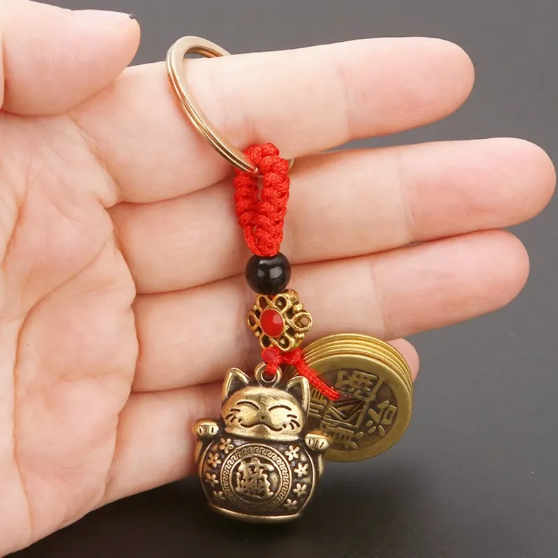 Vintage reine handgemachte Glückskatze Auto Schlüsselanhänger Glückskatze Fünf Kaiser Geld Feng Shui Münzen Glück Chinatown Stil Metall Schlüsselanhänger