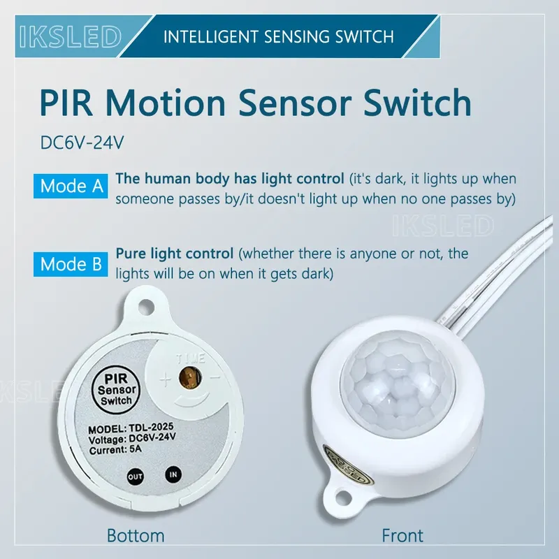 PIR-Bewegungsmelder-Schalter, DC6V-24V 5A PIR-Infrarot-Bewegungssensor-Detektorschalter für den menschlichen Körper, Lichtsensor einstellbar für LED-Streifen