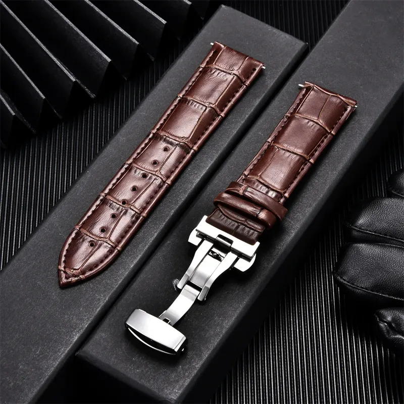 Echtes Kalbsleder Uhrenarmbänder Business Ersetzen Sie das Uhrenarmband 18mm 20mm 22mm 24mm mit Schmetterlingsschnalle Armbanduhrenarmband
