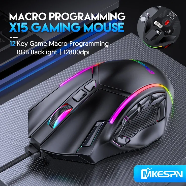 12800 DPI Free Weight Makro-RGB-Gaming-Maus, 12 programmierbare Tasten, Spielmaus, RGB-Licht, max. auf 6 Stufen, für PC, Mac-Pistole, PUBG-Laptop