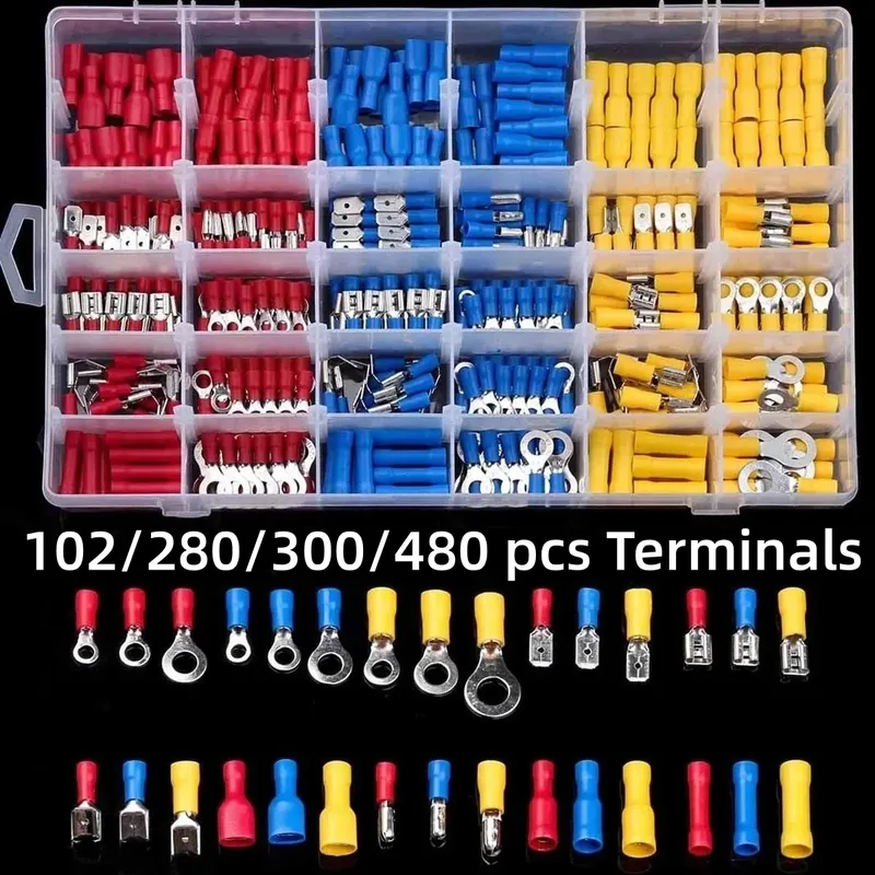 102/280/300/480PCS Draht Stecker Kit Männlich Weiblich Isolierte Terminals Kalt Crimp Terminals Verschiedene Crimp Terminals Spaten