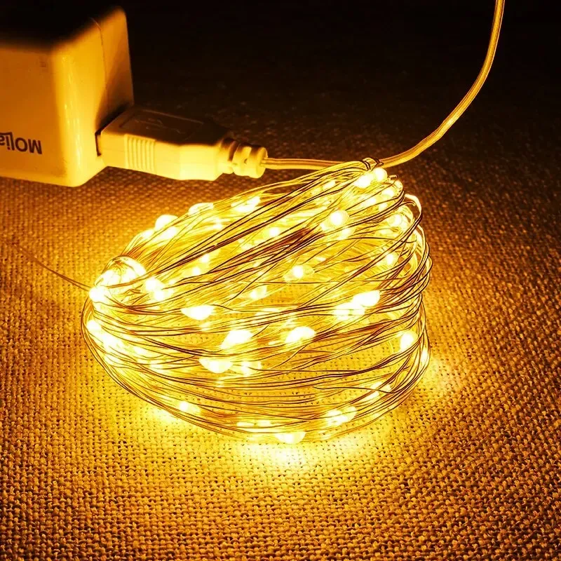 USB-LED-Lichterkette, 5 m, silberfarbener Draht, Girlande, wasserdicht, Lichterkette für Weihnachten, Hochzeit, Urlaub, Party-Dekoration