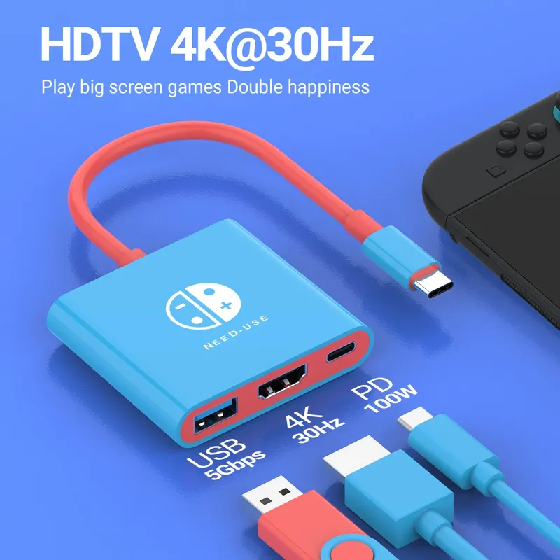 3-in-1 USB C HUB Typ C auf HDMI 4K mit PD 100W Schnelllade-USB 3.0-Dockingstation für Switch MacBook Laptop Computer Telefon