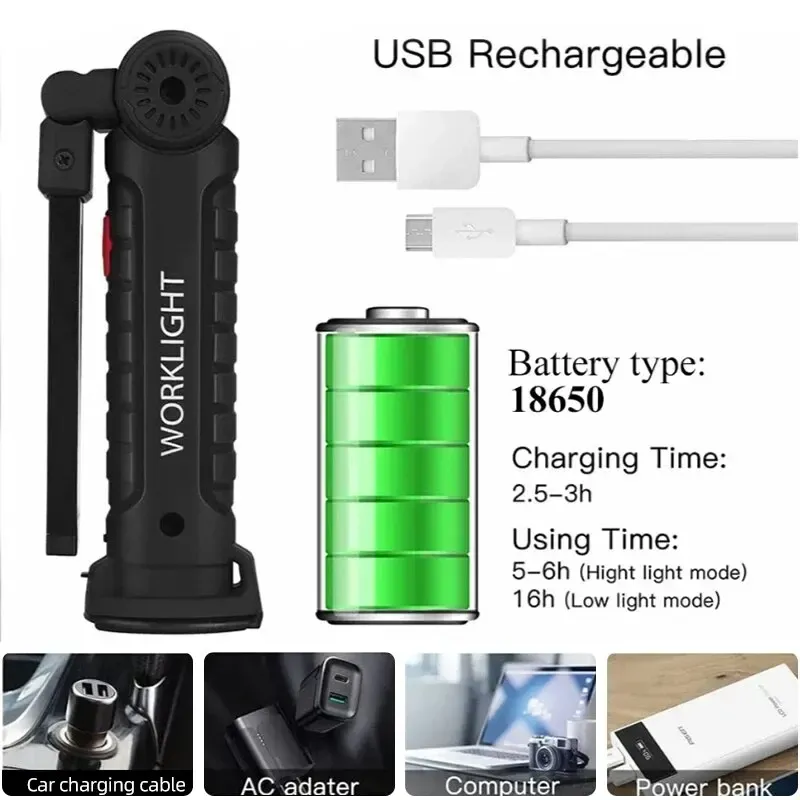 USB wiederaufladbare Camping-LED-Taschenlampe, Arbeitsleuchte, Magnet und Haken, wasserdichter Beleuchtungsmodus, geeignet für Nachtarbeit