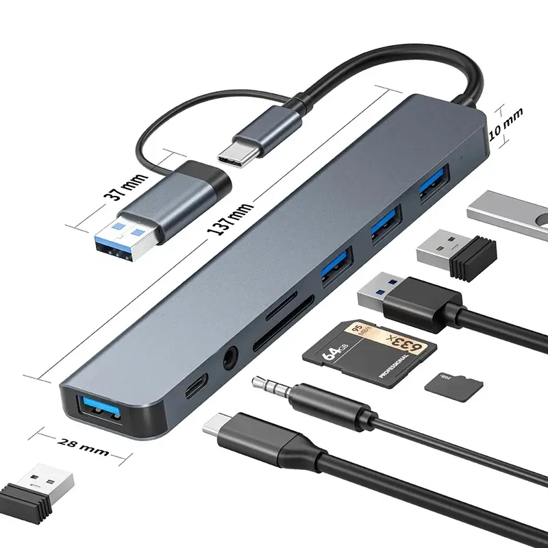 USB C Hub USB Splitter 8 in 1 USB Extender mit 4 USB Port 1 USB Port TF/SD Kartenleser Audio Ausgang kompatibel für MacBook