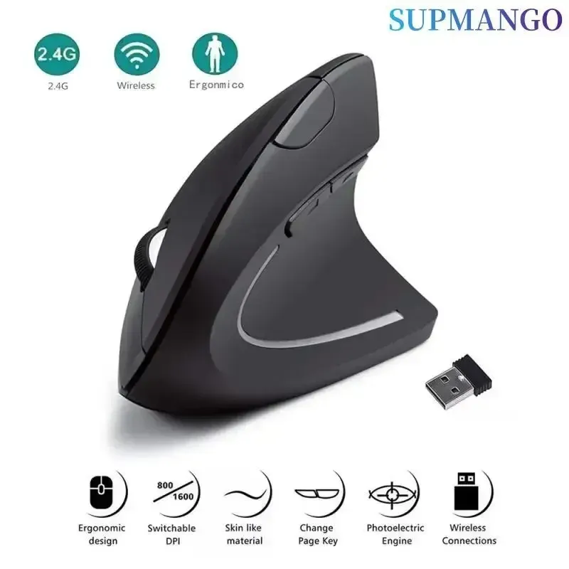 Vertikale Maus, ergonomisch, 2,4 GHz, kabellos, optische Mäuse, 3 einstellbare DPI, 800/1200/1600, 6 Tasten, für Laptop, PC, Computer, Desktop