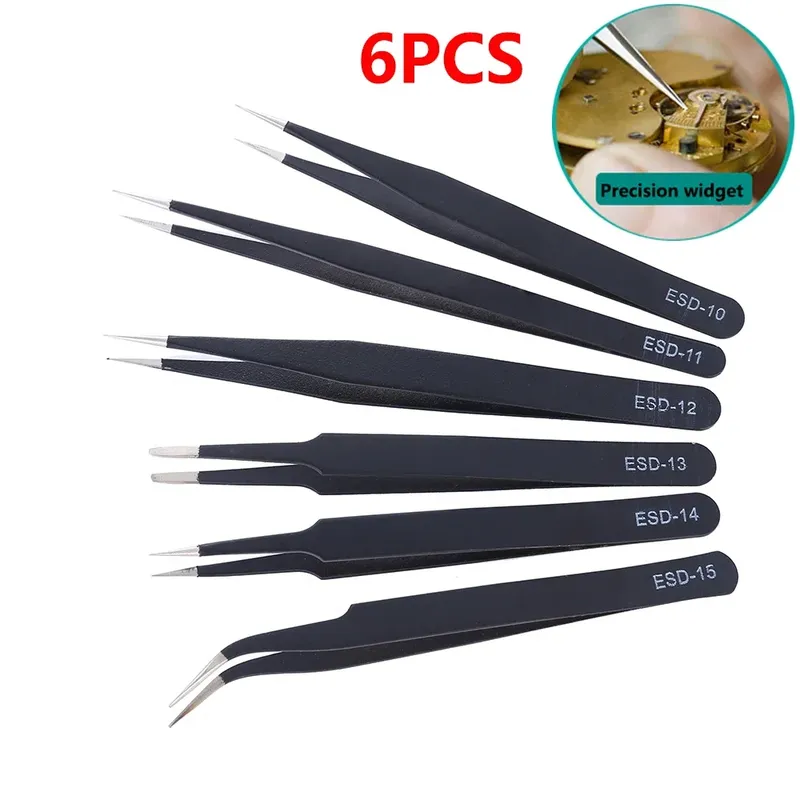 6Pcs Anti-statische ESD Pinzette Wartung Werkzeug Industrielle Präzision Gebogene Gerade Pinzette Reparatur Werkzeuge Set