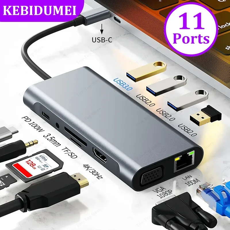 11-in-1 USB C Dockingstation USB C HUB Typ C zu HDMI 4K USB 3.0 5Gbps Übertragung USB Splitter Adapter für Laptop MacBook