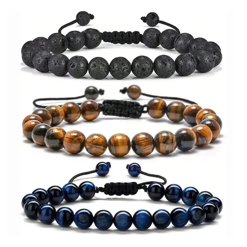 Mehrere Stile 8mm natürliche Tigeraugen Lava Rock Schutz HANDGEMACHTE Armband Herren Geschenk