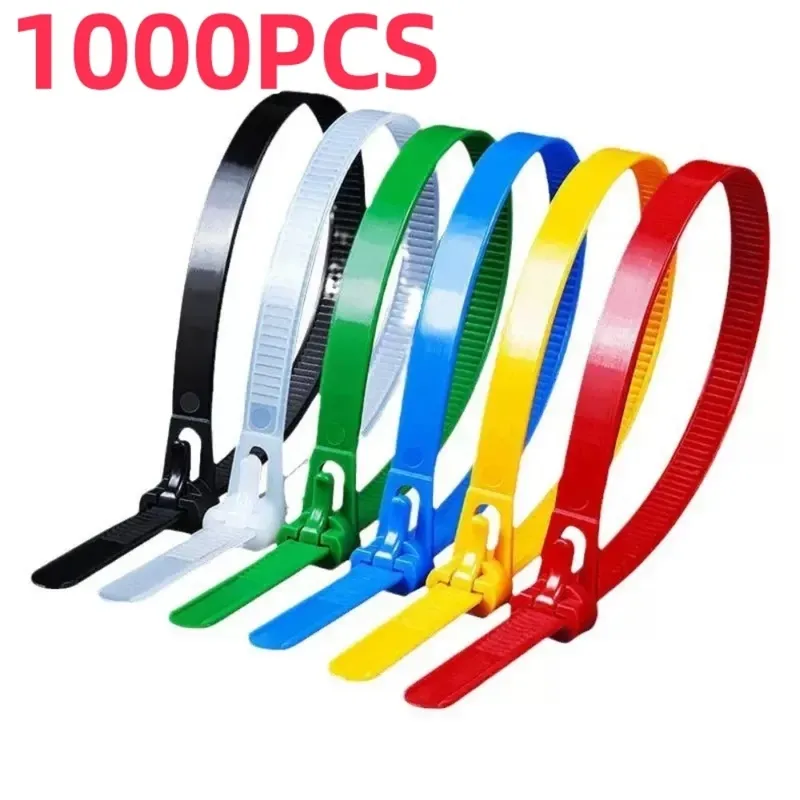 1000/100 Stück wiederverwendbare Kabelbinder, Kabelverschluss, Nylonbinder, abnehmbar, recycelbar, gemischte Farben, schwarz, weiß, Kabelbinder