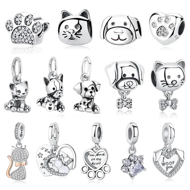 Original Silber Überzogene Charms Für Frauen Liebe Haustier Hund Katze Pfotenabdruck Anhänger Perlen Fit Pan Armbänder Halsketten DIY Luxus Schmuck