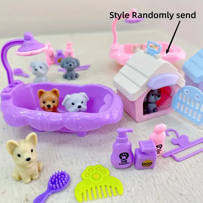 Nette Hund Haustier Korb Familie Spielzeug Hund Puppe Set Käfig Spielzeug Szene Spielen Spielzeug Weihnachten Dekoration Thanksgiving Geschenke farbe zufällig