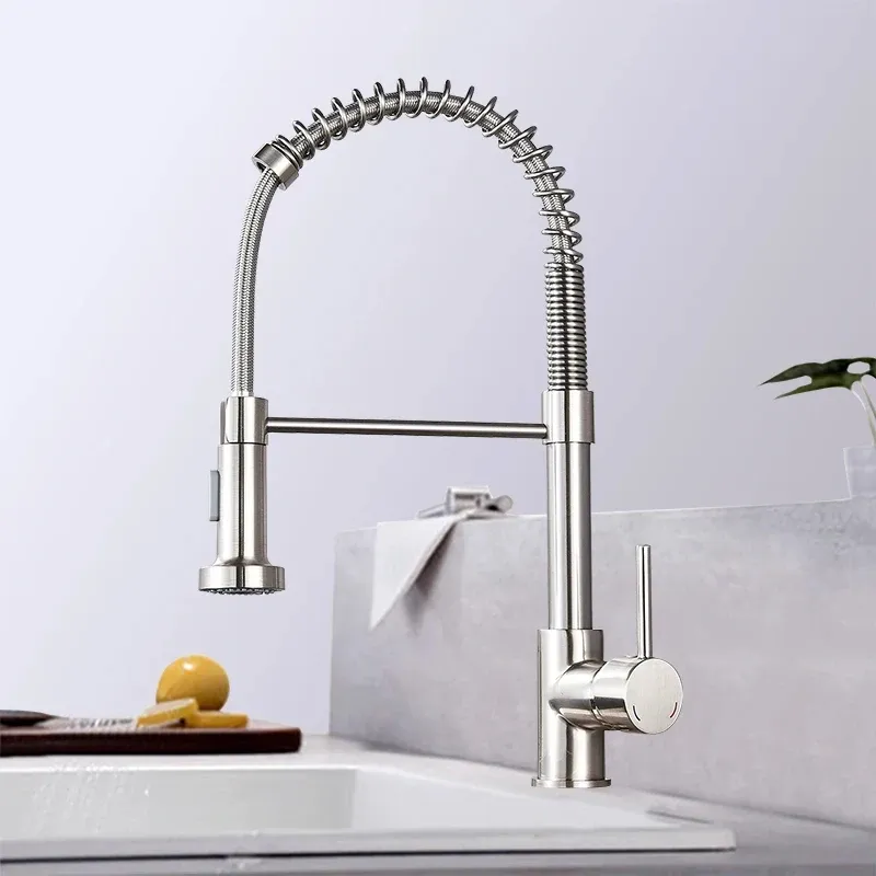 Frühlings-Küchenarmatur aus gebürstetem Nickel, an Deck montierter Mischbatterie, 360-Grad-Drehung, Stream-Sprühdüse, Küchenspüle, heiße und kalte Wasserhähne