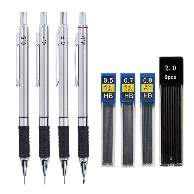 Druckbleistift-Set aus Metall mit Bleistiftgriff, Minen, Kunst, Zeichnen, Bürobedarf für Studenten, 0,5/0,7/0,9/2,0 mm, automatischer Bleistift