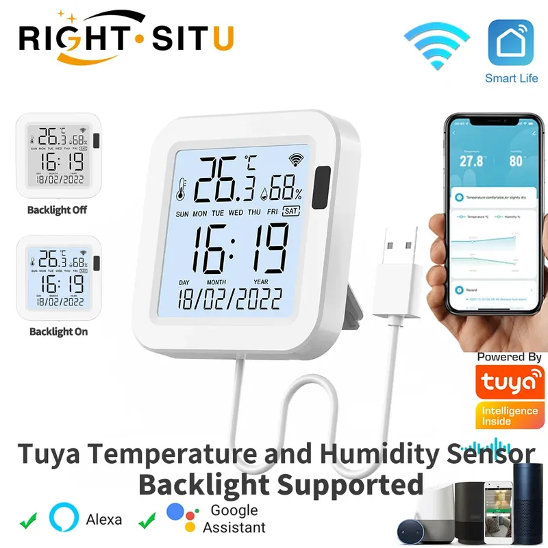 Tuya Temperatur- und Luftfeuchtigkeits-Smart-Sensor mit Hintergrundbeleuchtung für Smart Home oder WiFi SmartLife Funktioniert mit Alexa Google Assistant