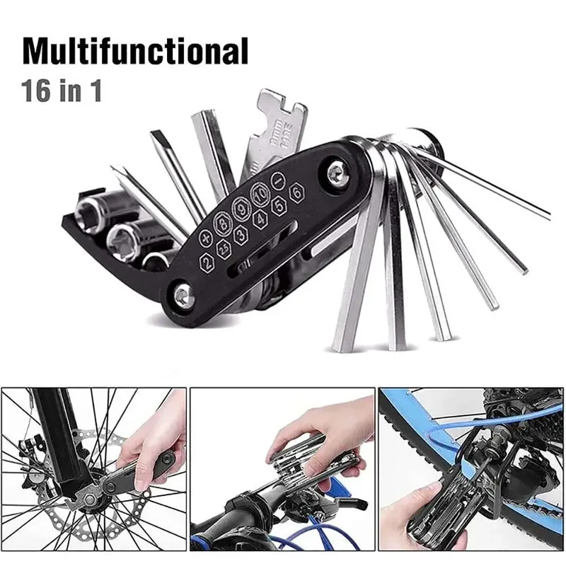 16-in-1 tragbares Fahrrad-Reparatur-Werkzeug-Set, Sechskantschlüssel, Mutter, Reifen, Schraubendreher, Motorrad, Fahrrad-Reparatur-Werkzeuge