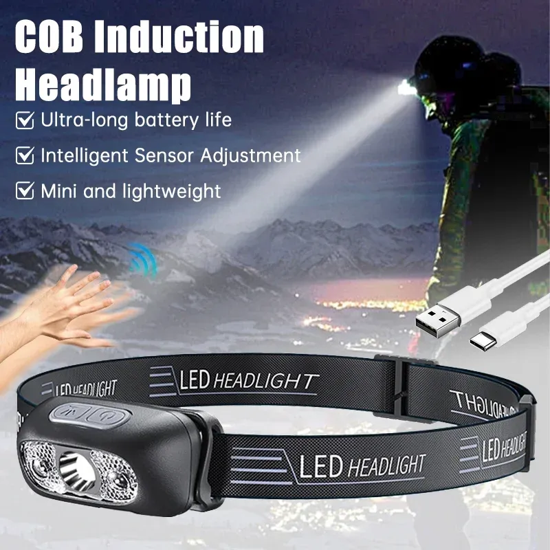 Starke Licht Scheinwerfer Tragbare LED Sensor Scheinwerfer USB-C Wiederaufladbare Kopf Taschenlampe Outdoor Camping Angeln Notfall Laterne