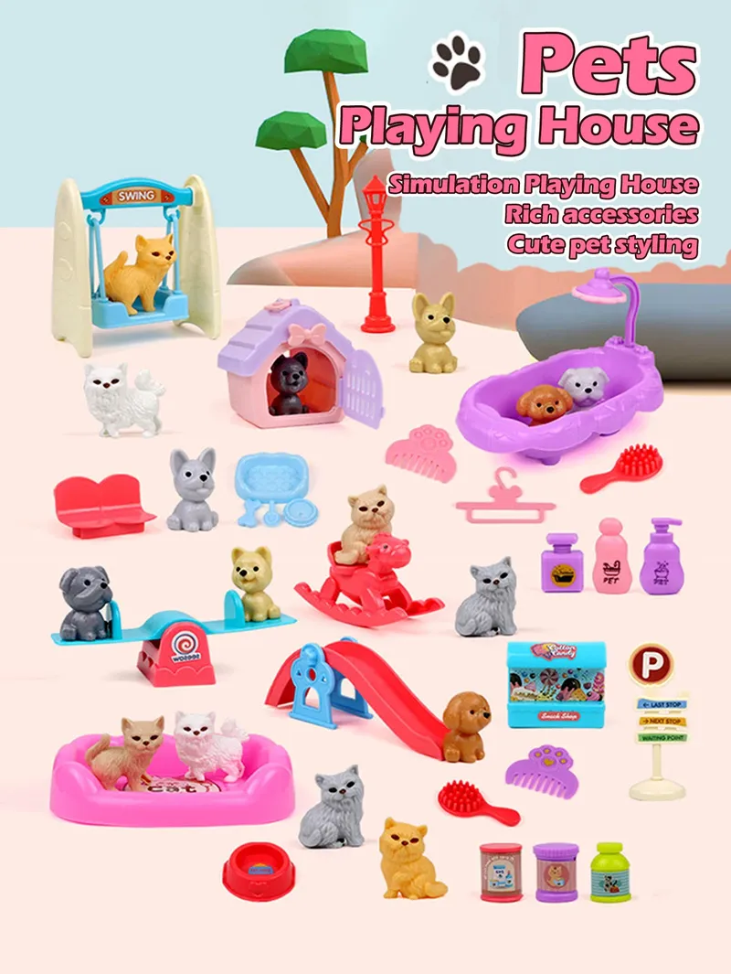 Niedlicher Haustierkorb für Hunde, Familienspielzeug, Hundepuppen-Set, Hundekäfig-Spielzeug, Szene, Spielspielzeug, Weihnachtsdekoration und Thanksgiving-Geschenke