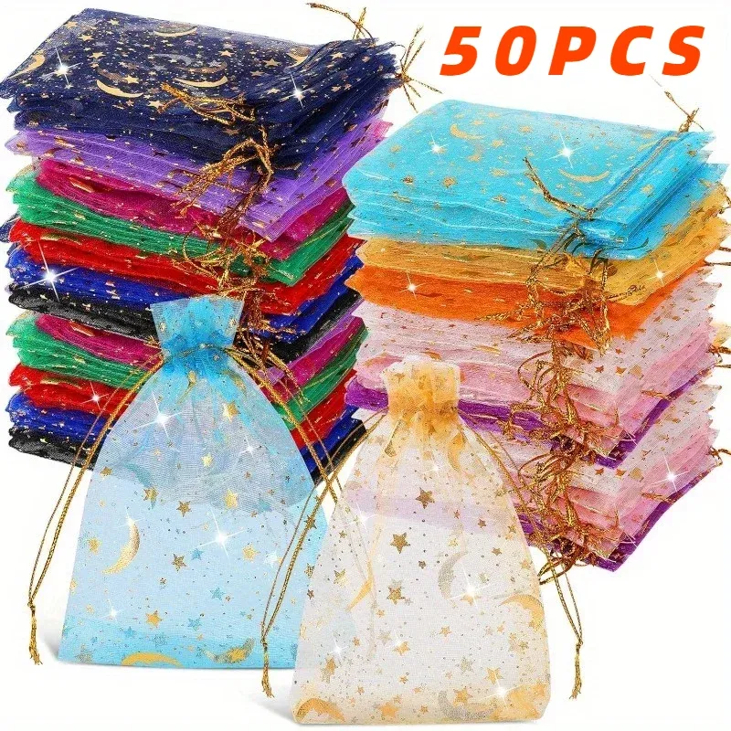 50 Stück Organzabeutel mit Mond und Sternen, Kordelzug, Schmuck, Geschenktüten, Beutel, goldene Stern-Organza-Geschenkbeutel für Weihnachten, Hochzeit