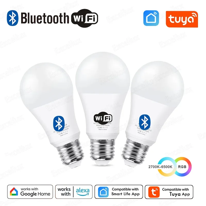 Tuya E27 LED-Lampe, App-Steuerung, Bluetooth/WiFi, LED-Glühbirnen, 15 W, RGB, CW, WW, intelligente Glühbirne, funktioniert mit Amazon Alexa, Google Assistant