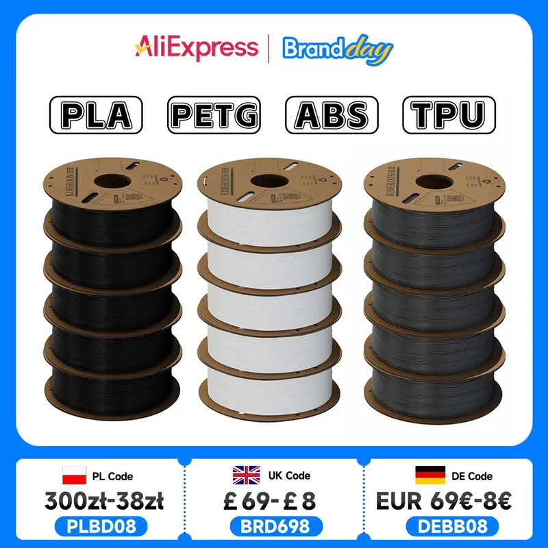 KINGROON 3D-Drucker-Filament PLA PETG TPU ABS 5 kg Bündel Schwarz Weiß Grau 1,75 mm Keine Blasen Kunststoff 5 Rollen 1 kg, zufällige Spule