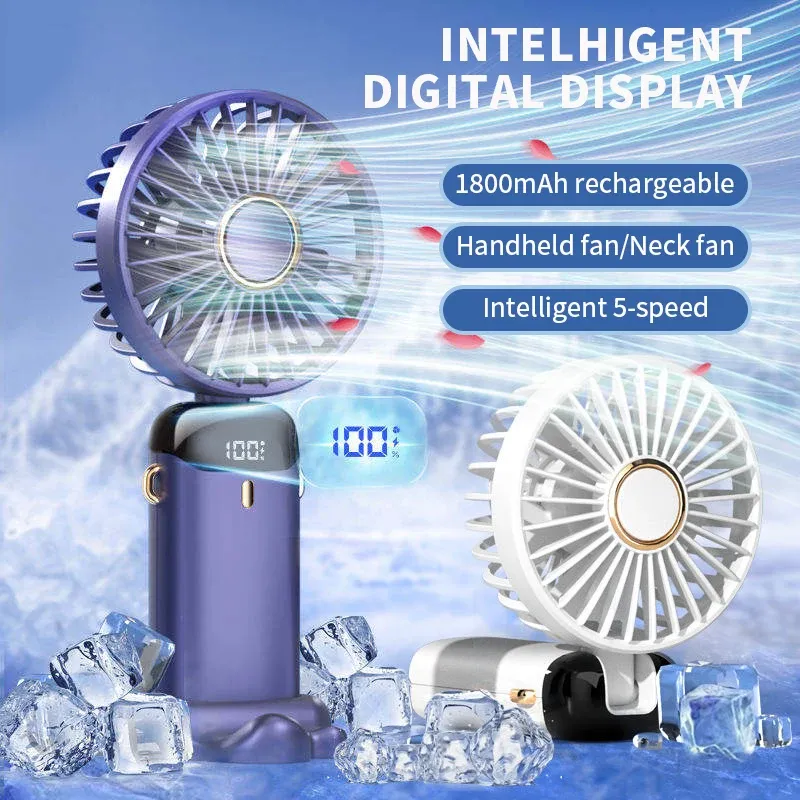 Handheld-Mini-Ventilator, faltbar, tragbar, zum Aufhängen am Hals, 5 Geschwindigkeiten, wiederaufladbarer USB-Ventilator mit Telefonständer und Bildschirm, 1800 mAh