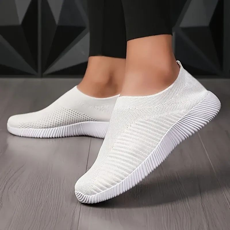 Einfarbige, flache, lässige Turnschuhe für Damen, atmungsaktives Mesh, gewebt, für den Außenbereich, leicht, Low-Top-Walking-Sportsocken, Tennisschuhe