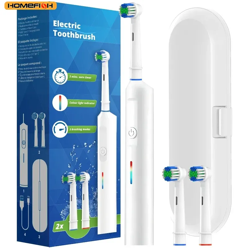 HOMEFISH Intelligente rotierende elektrische Zahnbürste, wiederaufladbare rotierende Zahnbürstenköpfe, kompatibel mit Oral B Ersatzbürstenköpfen