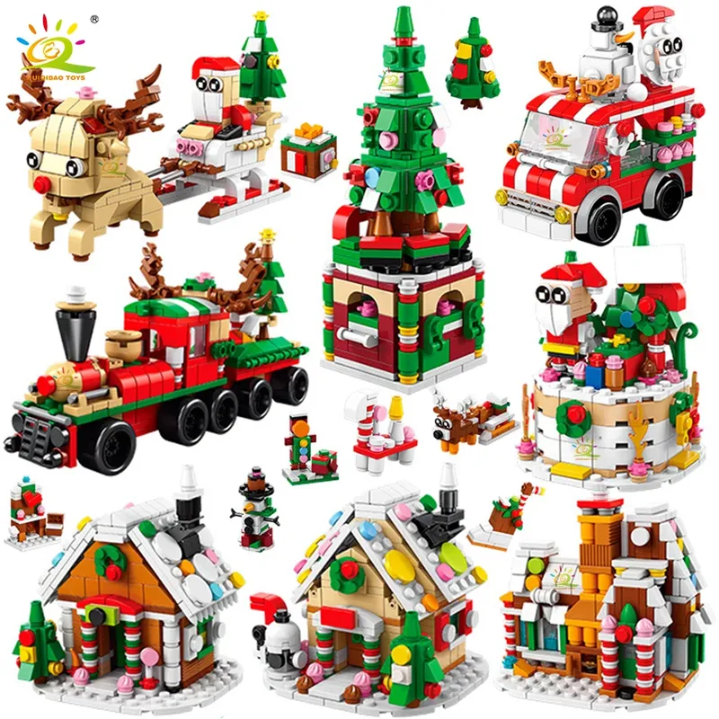 HUIQIBAO 6IN1 Weihnachten Elch Hirsch Weihnachtsmann Bausteine Stadt Schnee Haus Weihnachtsbaum Ziegel Set Spielzeug für Kinder Kinder Geschenk