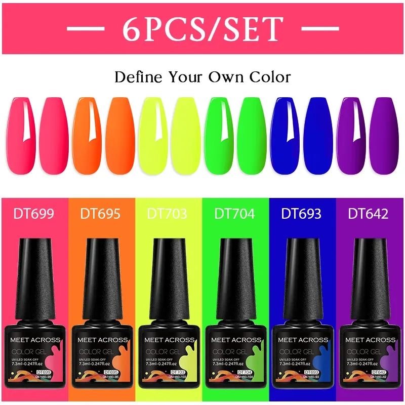 MEET ACROSS 6 Teile/satz 7,3 ml Sparkly Fluoreszierende Gel Nagellack Sommer Glitter Neon Nail art LED UV Gel Lack Nagel liefert