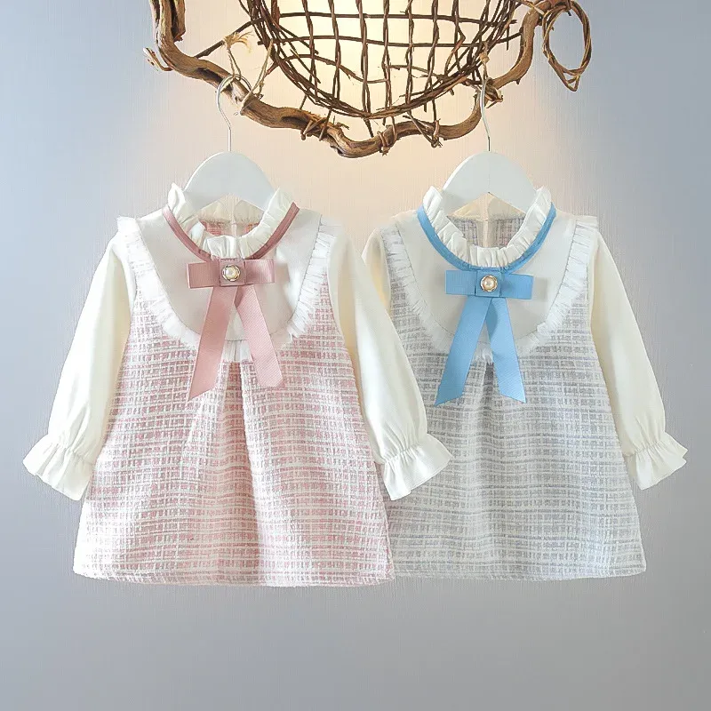 Mädchen Langarm Rock niedlich lose Kleid Oberbekleidung Frühling neue koreanische Stil Kleidung Kinder lässig Mode Rundhals Schleife Rock